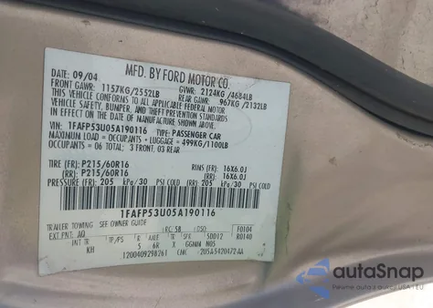 2005 Ford Taurus Se из США, поврежденный, VIN 1FAFP53U05A190116